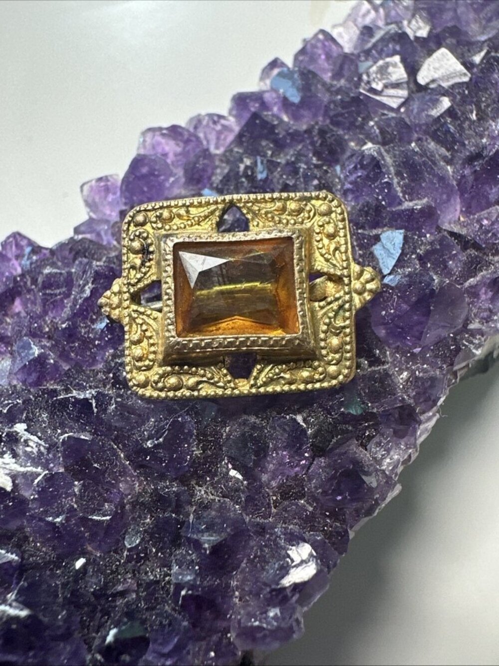Antique Brooch Victorian C Clasp Square Amber Colored Glass Gold Tone Pin